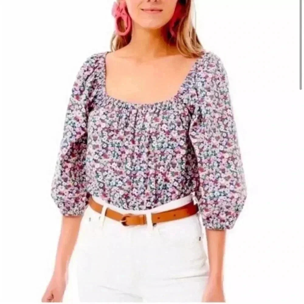 Pomander Place Floral Square Neck Blouse Pink Green Puff Sleeve Top Small - Picture 3 of 6